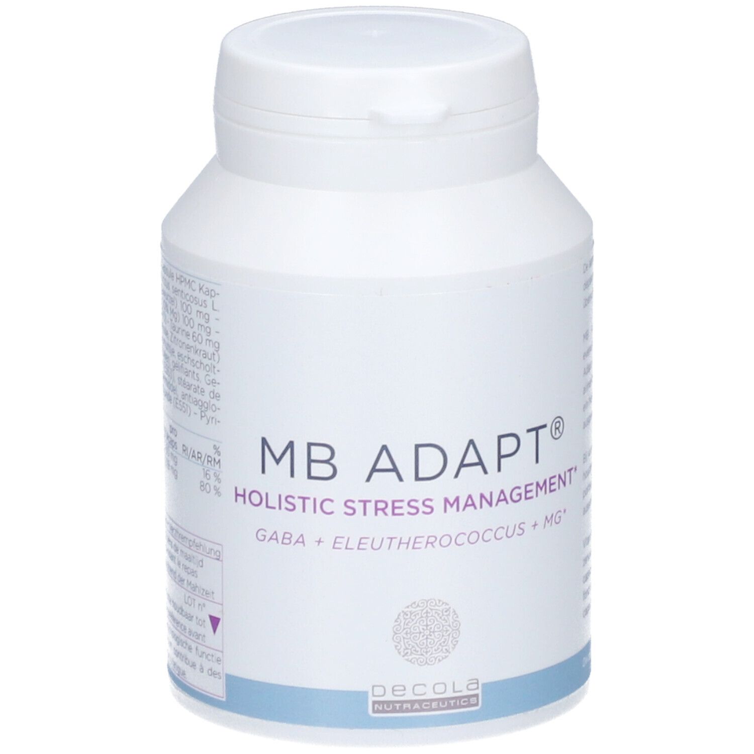 Flacon blanc de comprimés MB Adapt, Holistic Stress Management, GABA + Eleutherococcus + Mg. Decola Nutraceutics.