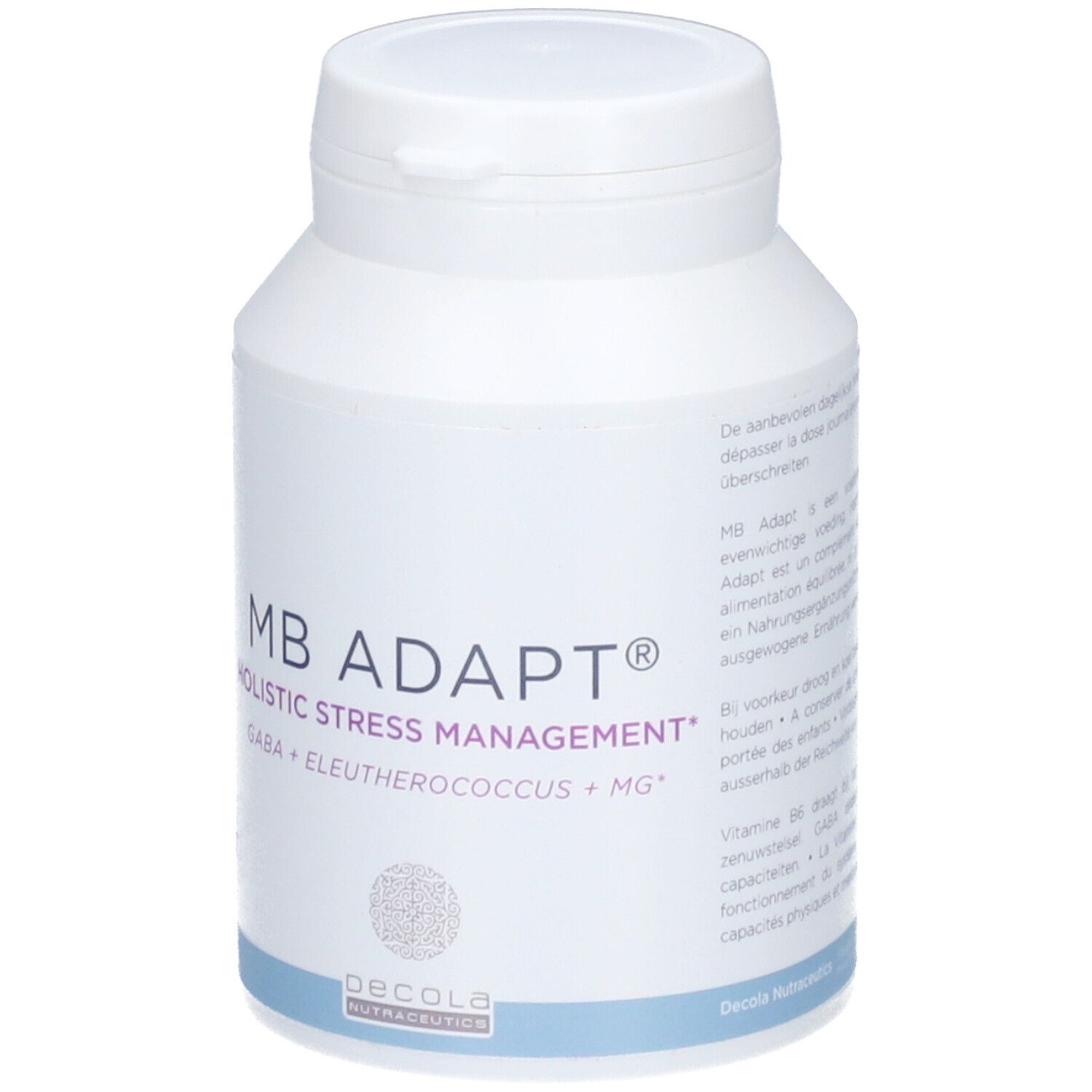 Flacon blanc de comprimés MB Adapt, Holistic Stress Management, GABA + Eleutherococcus + Mg. Decola Nutraceutics.