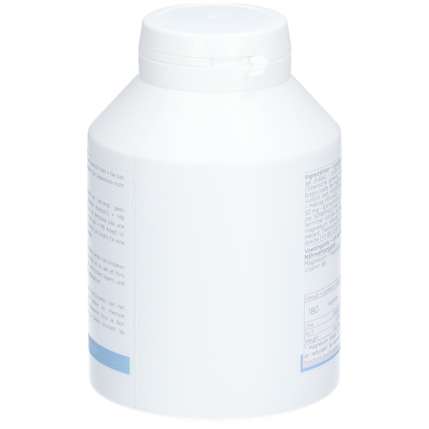 Witte fles met dop. Achterkant met tekst. Bevat ingrediënten, voedingswaarde. Blauwe lijn onderaan.