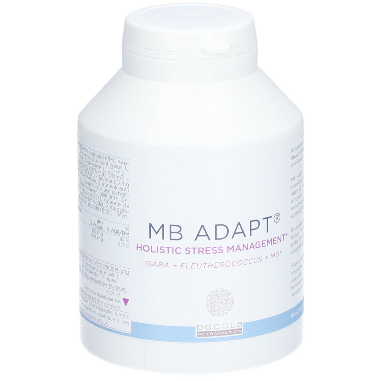 Witte fles met dop. Opschrift: MB ADAPT, Holistic Stress Management. Blauwe lijn onderaan. Decola Nutraceuticals logo.