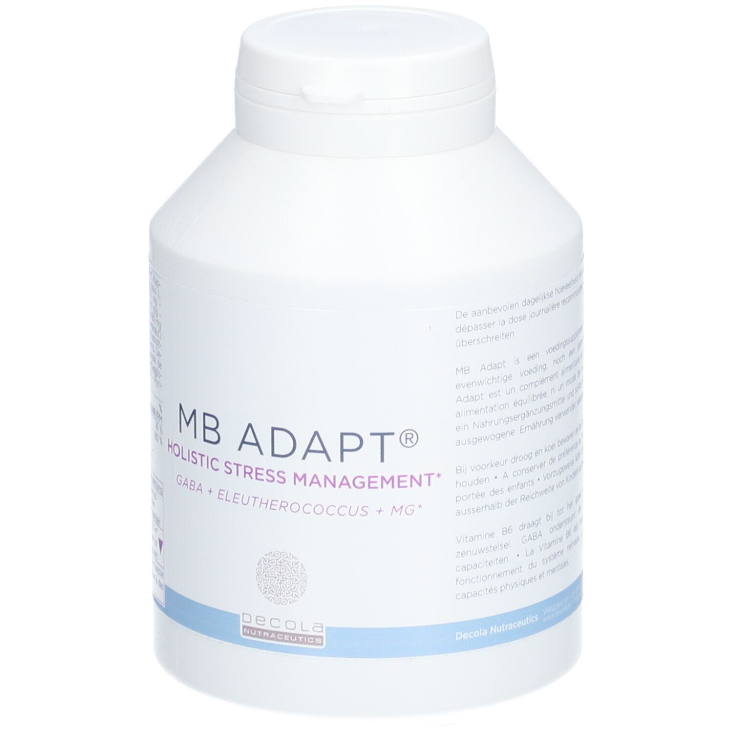 Witte fles met dop. Opschrift: MB ADAPT, Holistic Stress Management. Blauwe lijn onderaan. Decola Nutraceuticals logo.