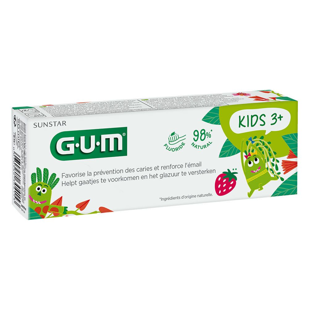 Zahnpasta-Tube und -Schachtel. G•U•M Kids 3+. Enthält Fluorid. 98% natürlich. Cartoon-Illustrationen.
