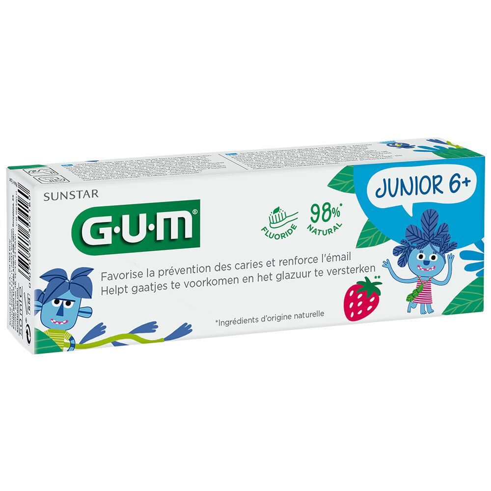 Boîte de dentifrice G.U.M Junior 6+, illustration de fraise. Contient 98% d'ingrédients naturels et du fluorure.