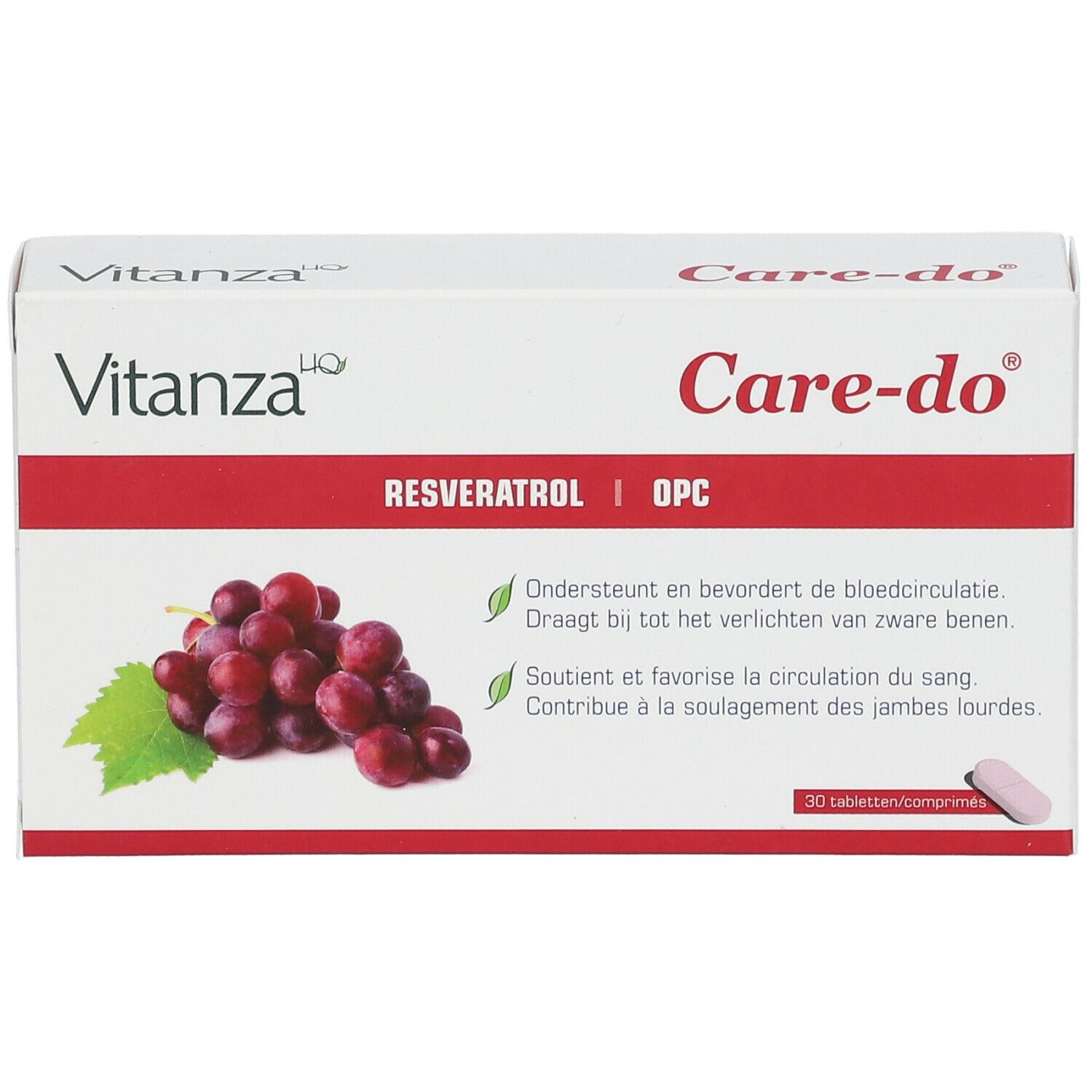 Boîte blanche avec le nom du produit Care-do et Vitanza. Illustration de raisins. Texte en néerlandais et en français.