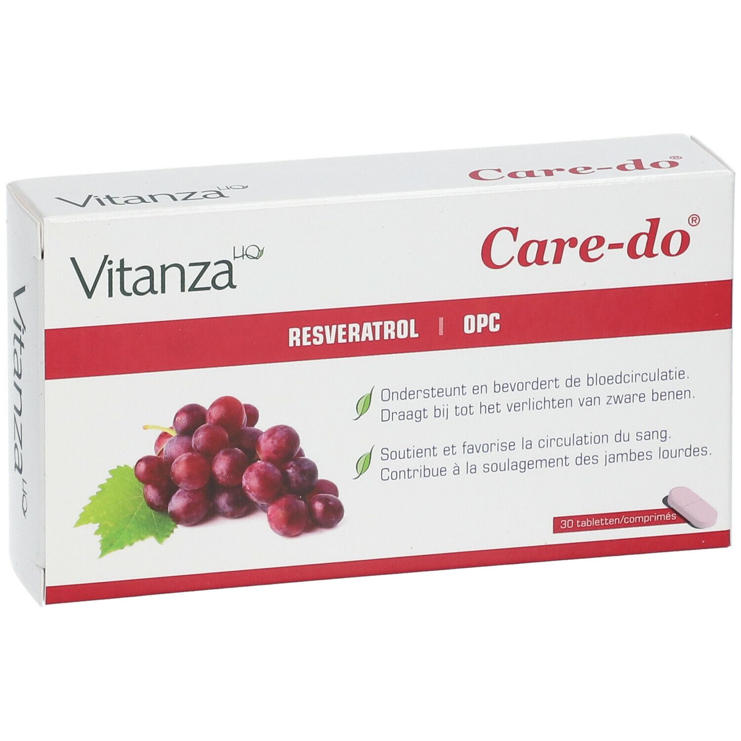 Boîte blanche avec le nom du produit Care-do et Vitanza. Illustration de raisins. Texte en néerlandais et en français.