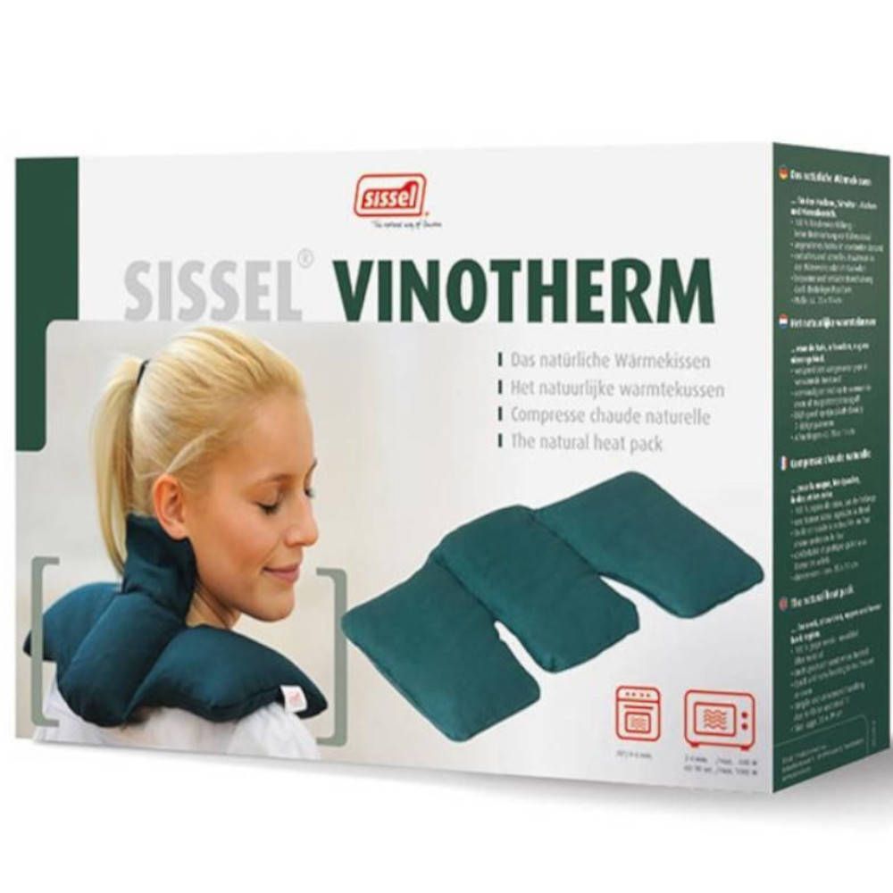 Emballage Sissel Vinotherm. Femme avec coussin de nuque. Trois coussins rectangulaires. Texte : Sissel Vinotherm.