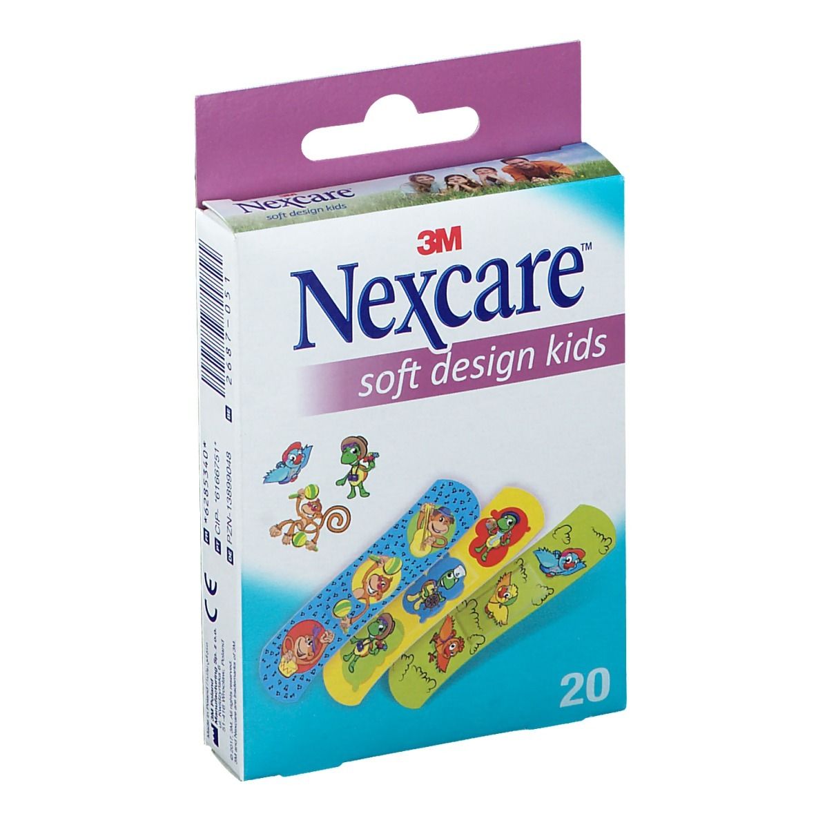 Boîte de pansements Nexcare Soft Design Kids. 20 pièces. Motifs colorés avec animaux.