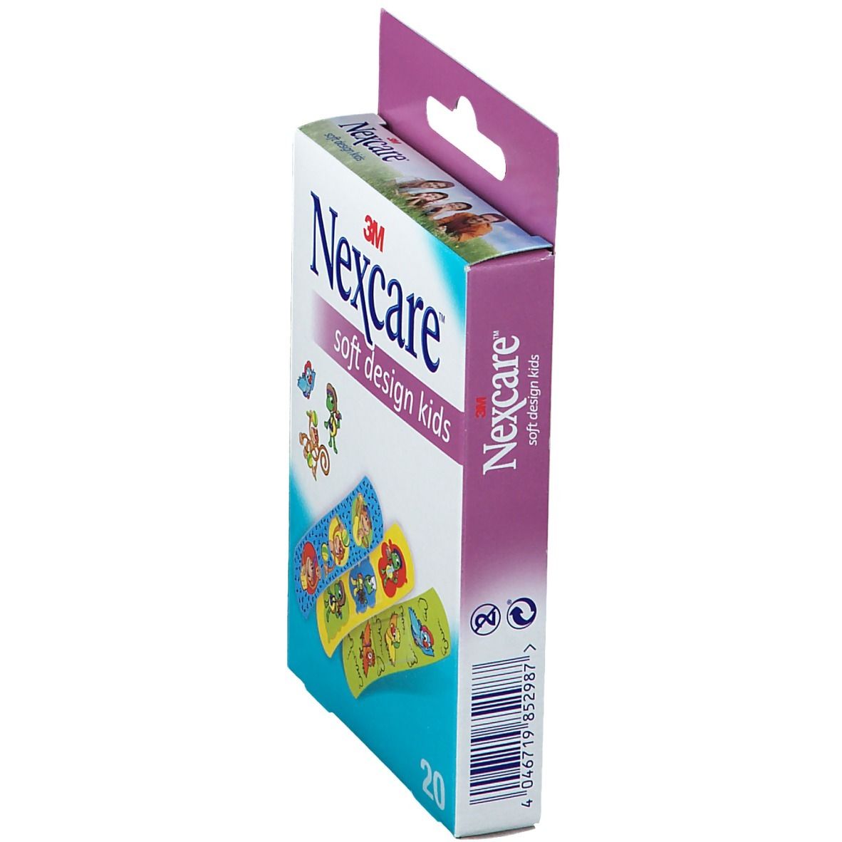Vue latérale de la boîte de pansements Nexcare Soft Design Kids. Produit et emballage visibles.
