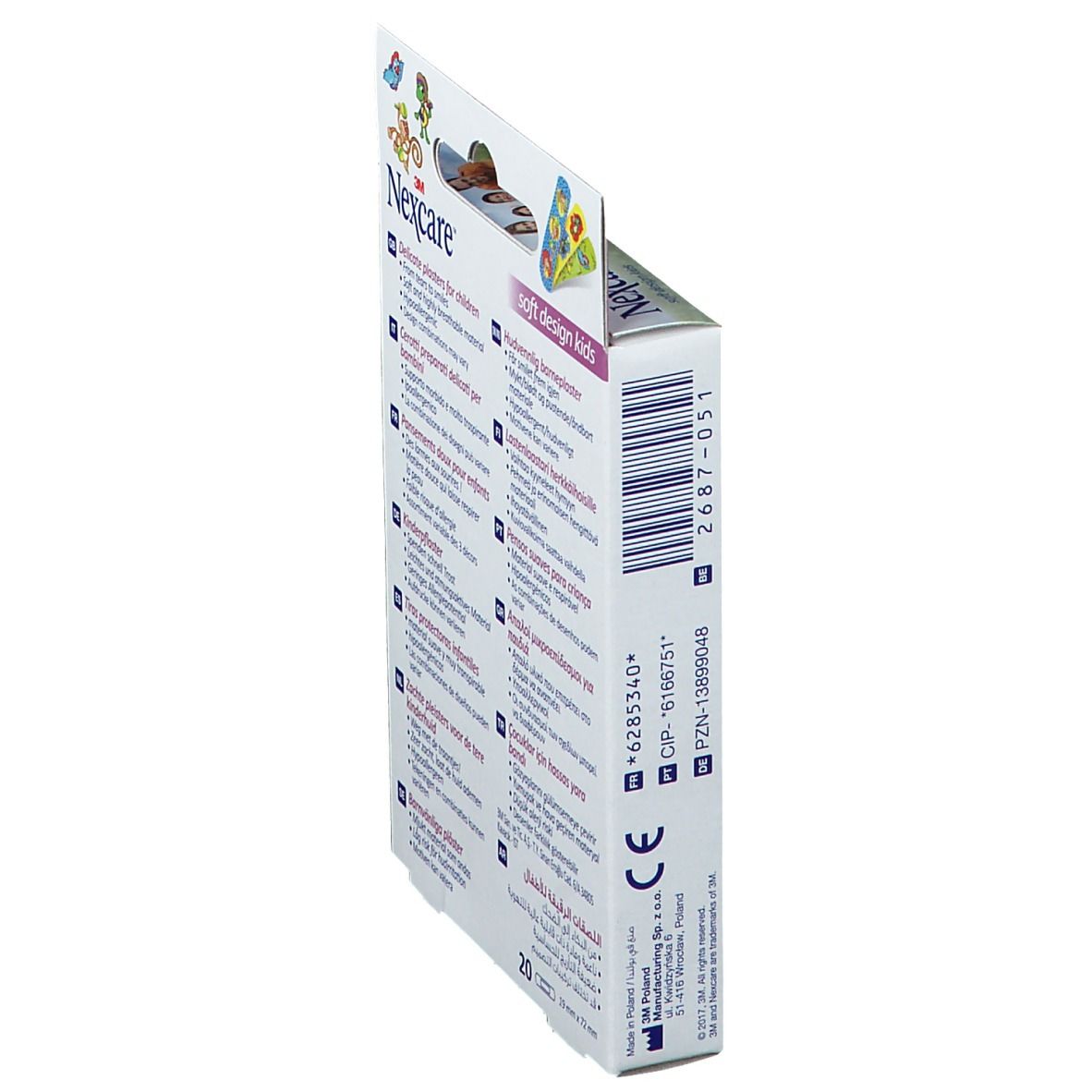 Vue latérale de la boîte de pansements Nexcare Soft Design Kids. Code-barres et informations.
