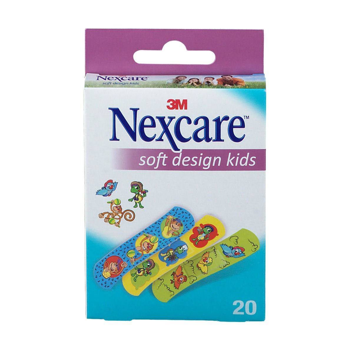 Vue de face de la boîte de pansements Nexcare Soft Design Kids. 20 pansements, motifs animaux.