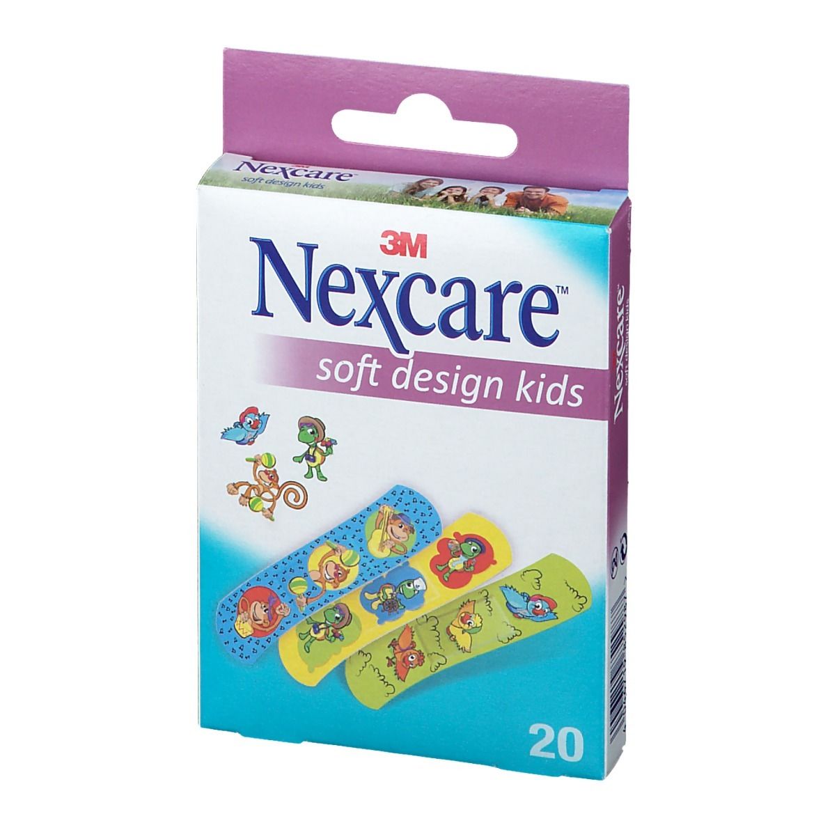Vue de face de la boîte de pansements Nexcare Soft Design Kids. 20 pansements, motifs animaux.