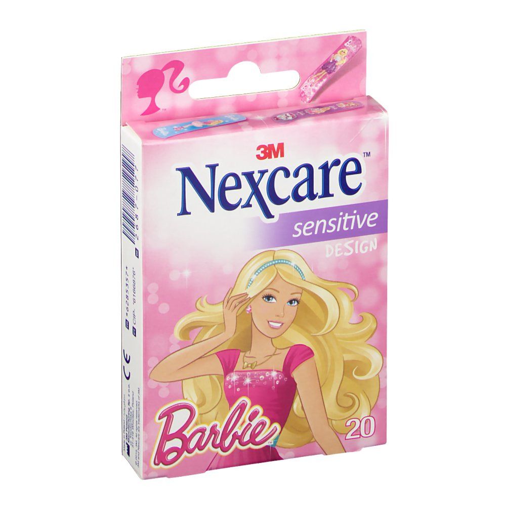 Boîte de pansements Nexcare sensitive Design Barbie. Rose, avec illustration Barbie et nom du produit. Contient 20 pansements.