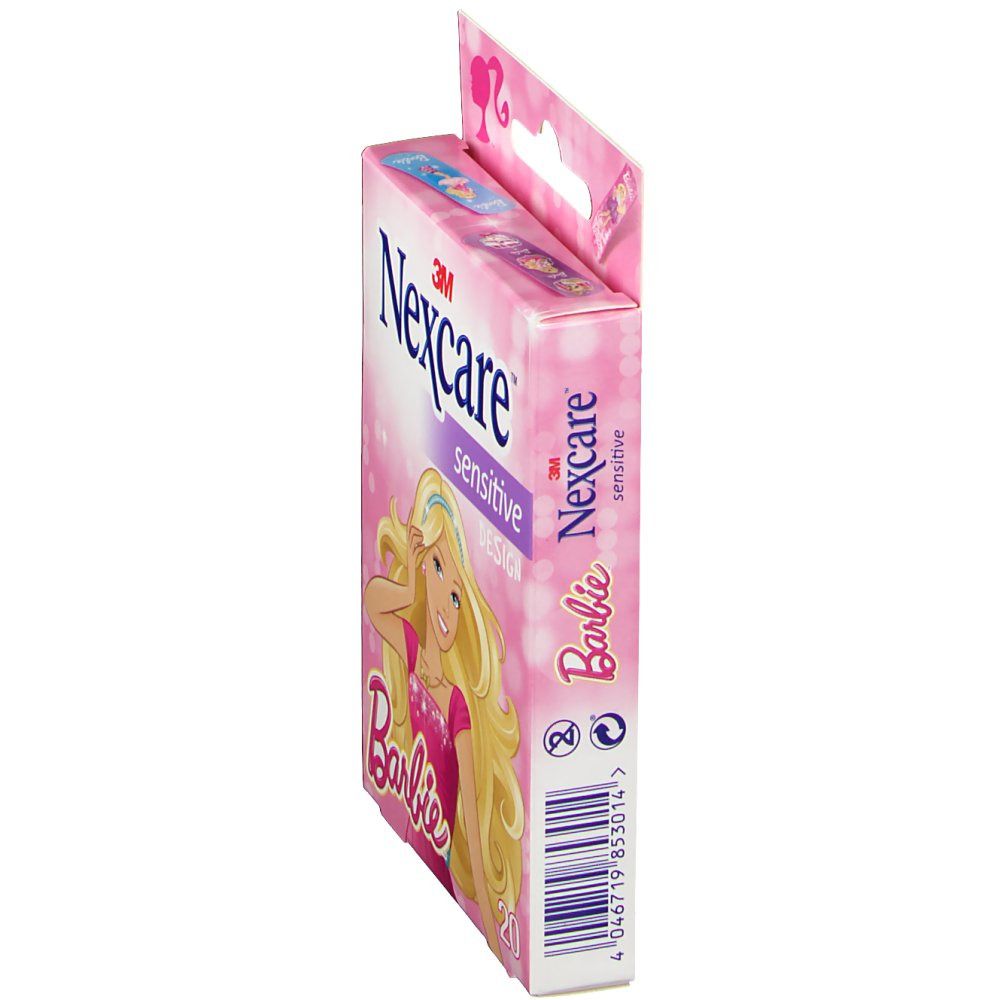 Vue latérale de la boîte de pansements Nexcare sensitive Design Barbie. Rose, avec nom du produit et illustration Barbie. Contient 20 pansements.