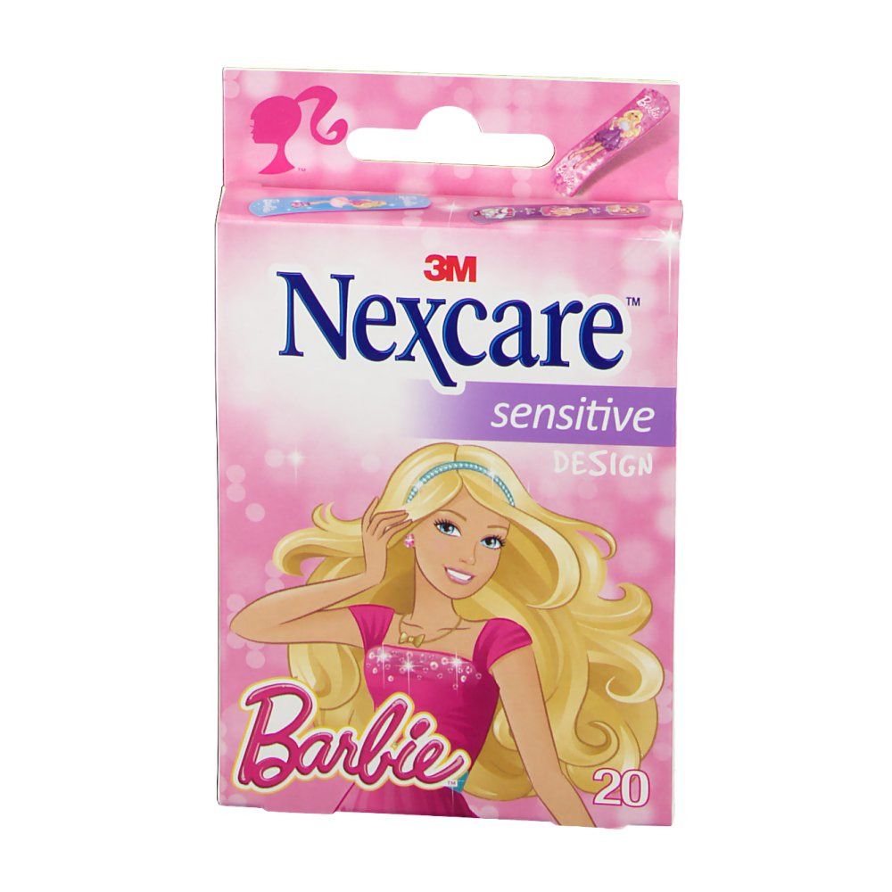 Vue de face de la boîte de pansements Nexcare sensitive Design Barbie. Rose, avec illustration Barbie et nom du produit. Contient 20 pansements.
