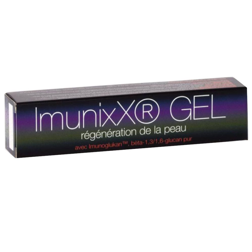 Doos van ImunixX® GEL. Zwarte verpakking met productnaam en tekst. Paars-zwarte gradiënt.