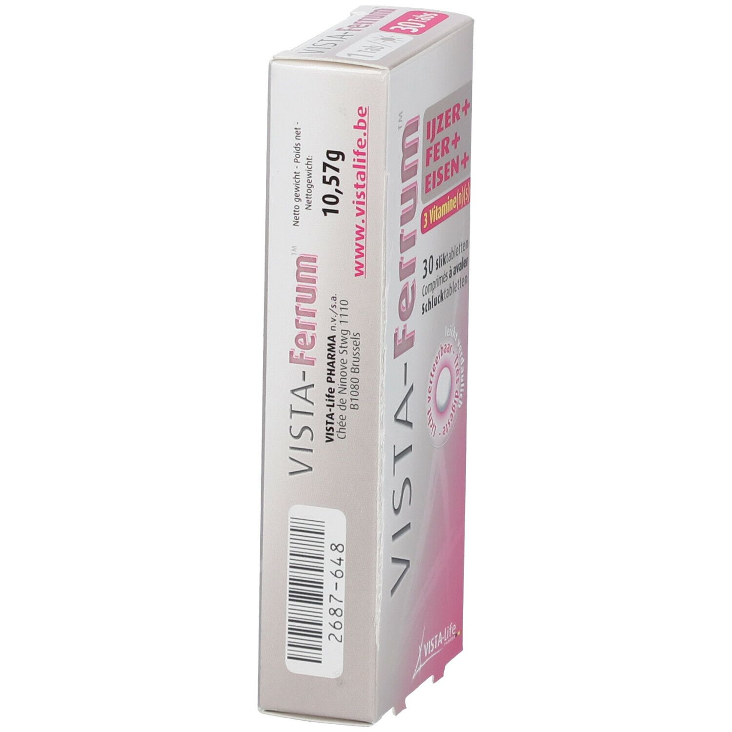 Boîte Vista-Ferrum. Inscription: Fer, vitamines. 10,57g. VISTA-life Pharma. Site web.