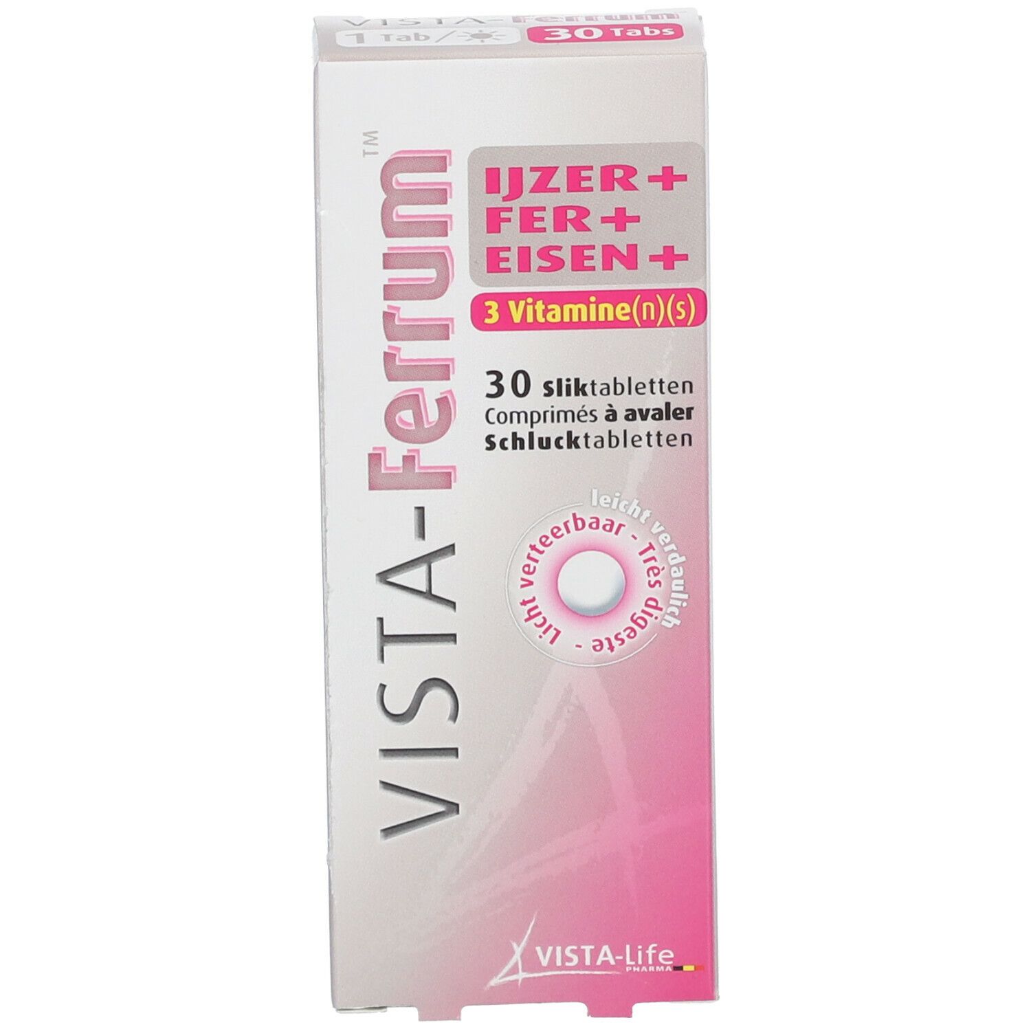 Boîte de comprimés Vista-Ferrum. Inscription: Fer, vitamines. 30 comprimés. Logo VISTA-life.