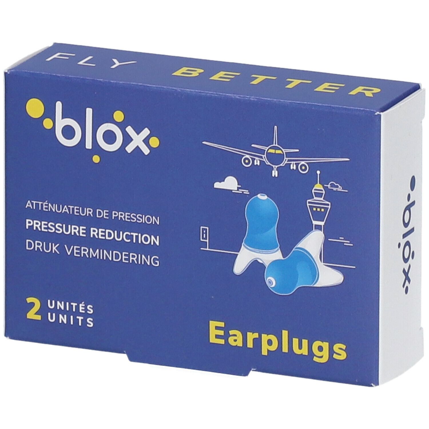 Boîte bleue avec bouchons d'oreille bleus et blancs. Inscription : blox, Earplugs, 2 unités. Texte : Atténuateur de pression.