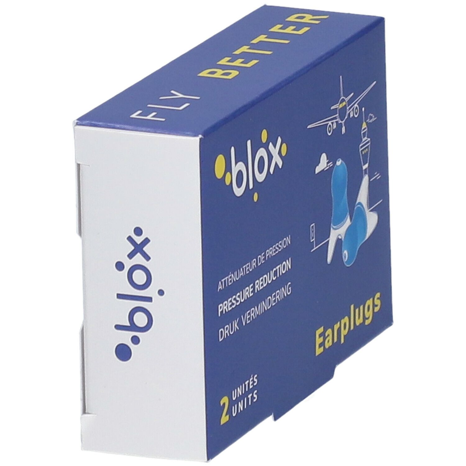 Boîte bleue avec bouchons d'oreille. Inscription : blox, Earplugs, 2 unités. Texte : Atténuateur de pression. Illustration avion et aéroport.