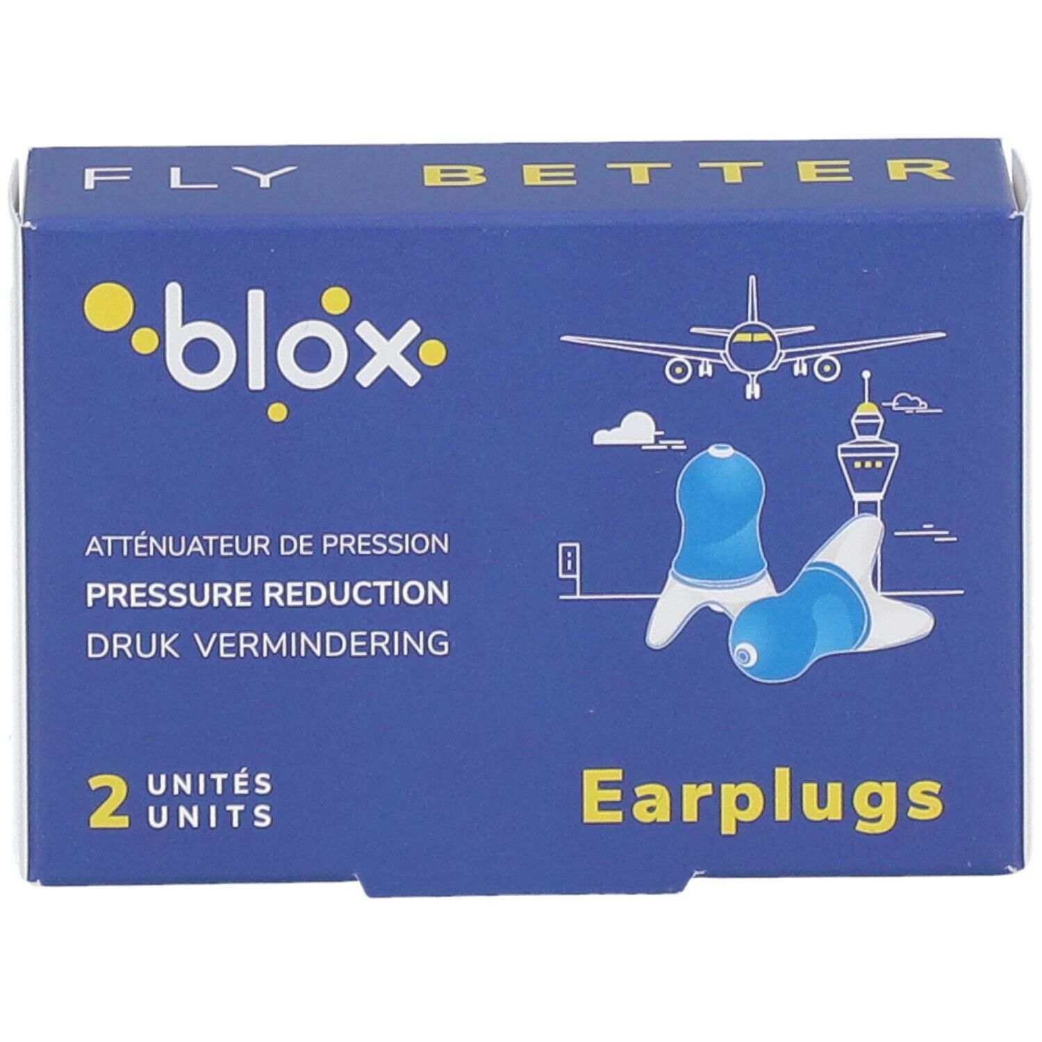 Boîte bleue avec bouchons d'oreille. Inscription : blox, Earplugs, 2 unités. Texte : Atténuateur de pression. Illustration avion et aéroport.