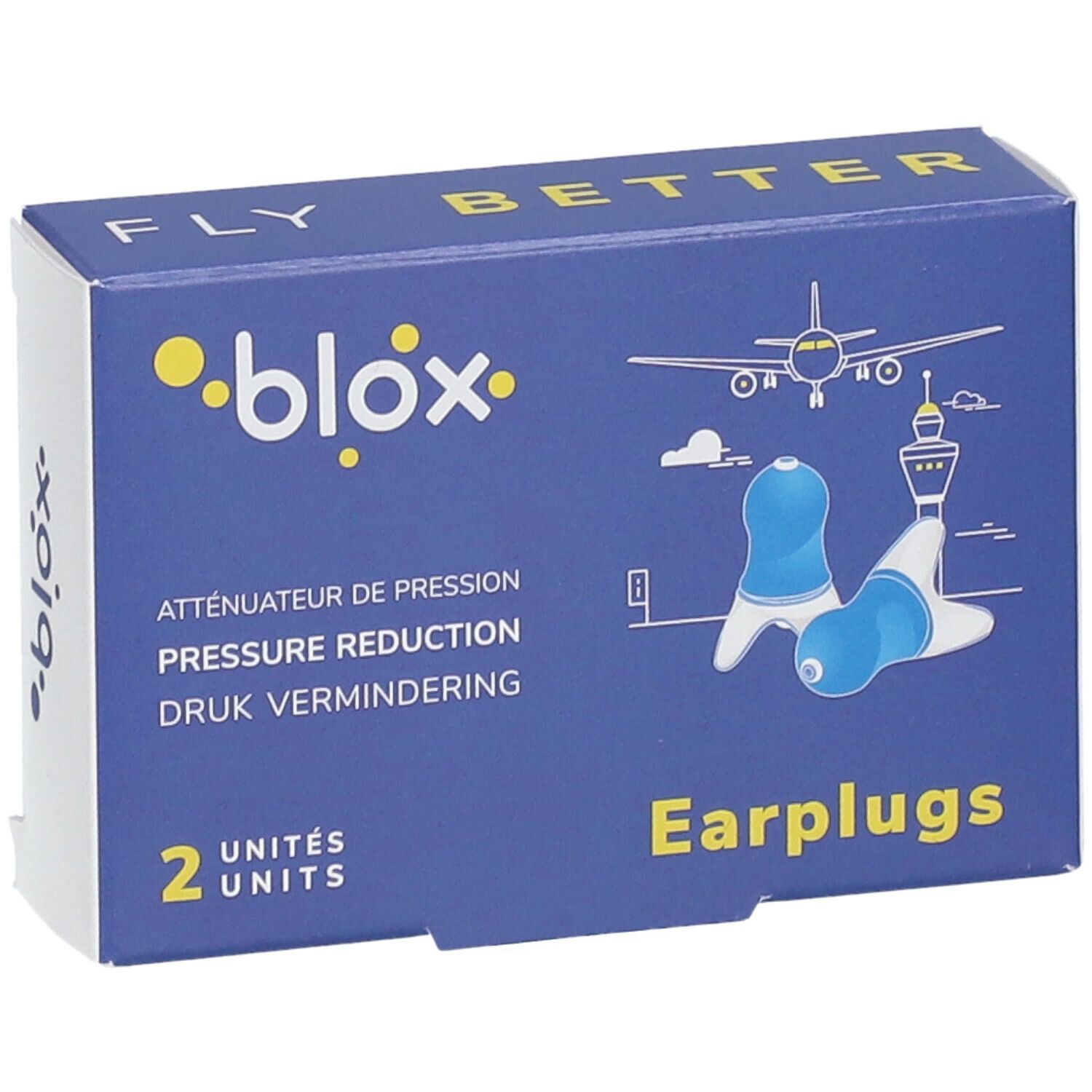 Boîte bleue avec bouchons d'oreille. Inscription : blox, Earplugs, 2 unités. Texte : Atténuateur de pression. Illustration avion et aéroport.
