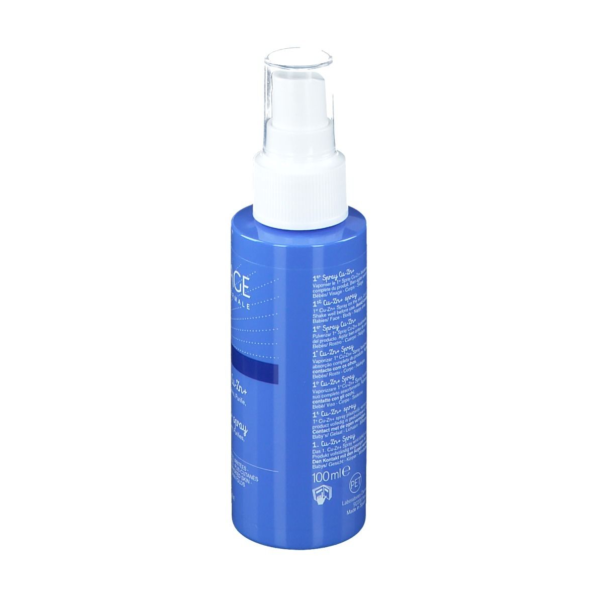 Flacon bleu avec vaporisateur blanc. Texte: 1er Spray Cu-Zn+. Uriage.