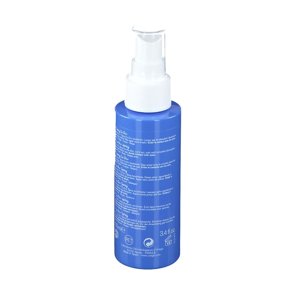 Flacon bleu avec vaporisateur blanc. Texte: 1er Spray Cu-Zn+. Uriage.