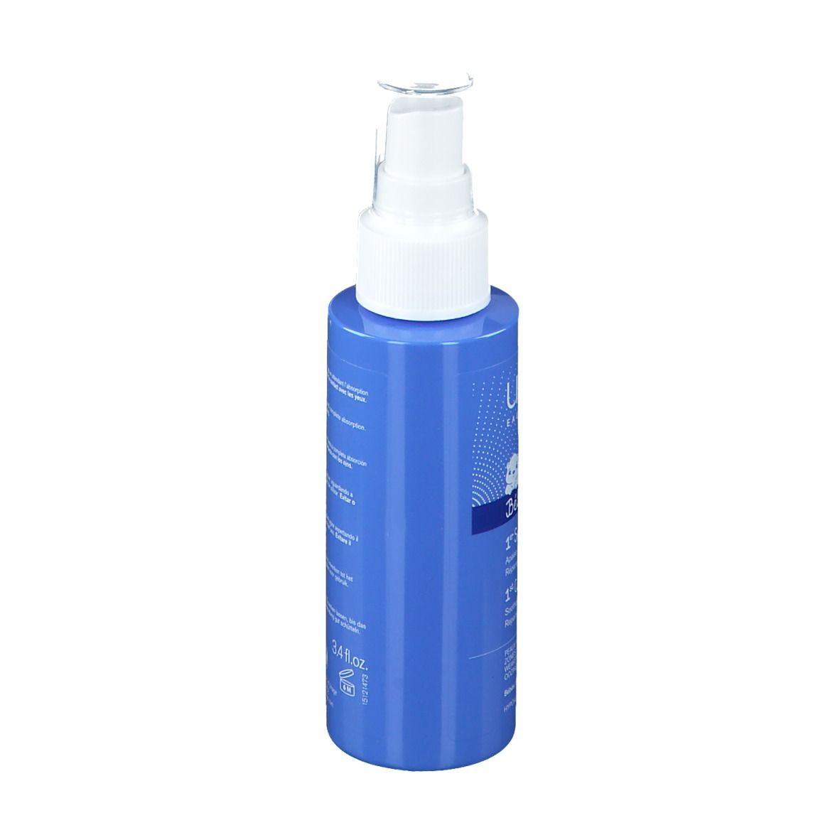 Flacon bleu avec vaporisateur blanc. Texte: 1er Spray Cu-Zn+. Uriage.
