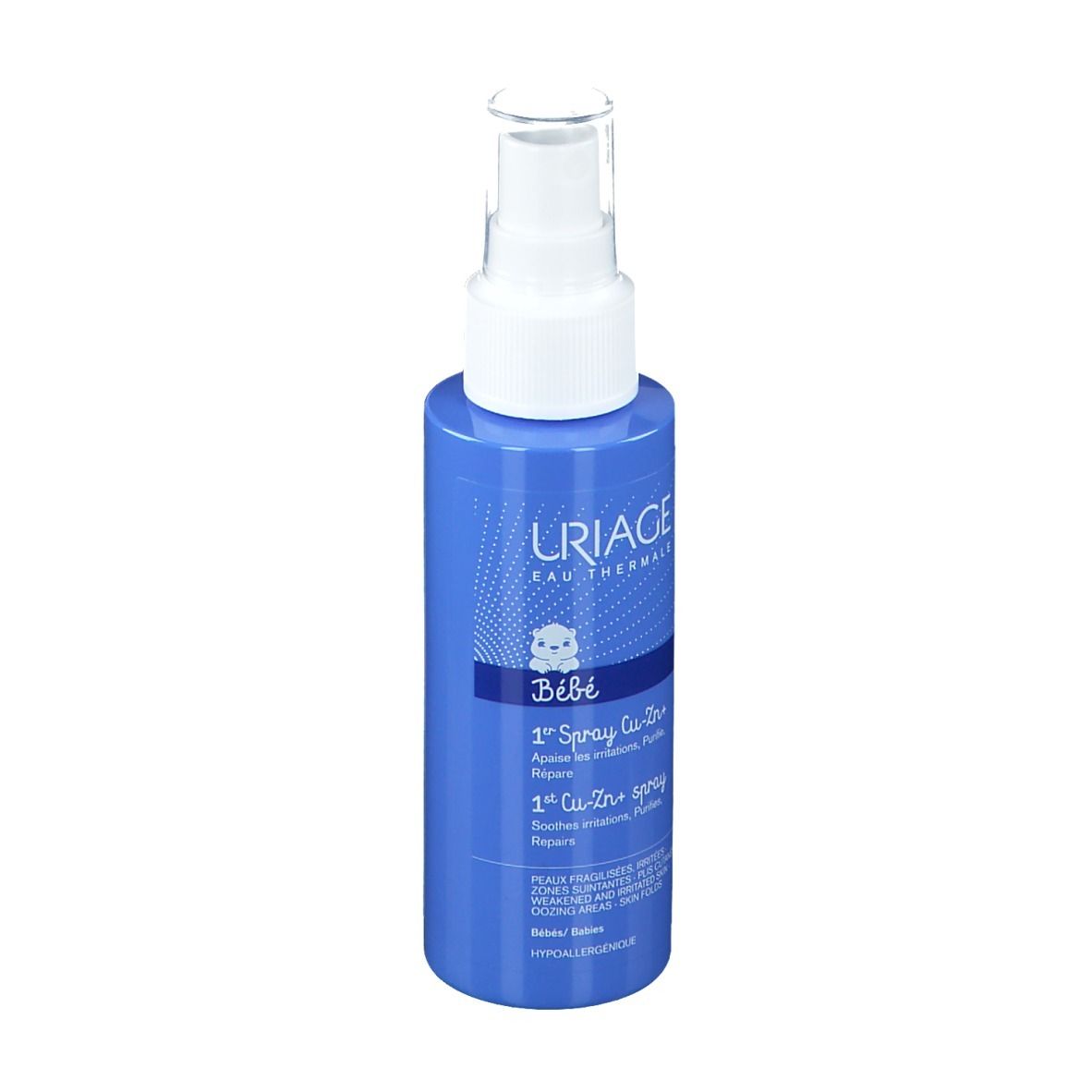 Flacon bleu avec vaporisateur blanc. Texte: Uriage Bébé 1er Spray Cu-Zn+.