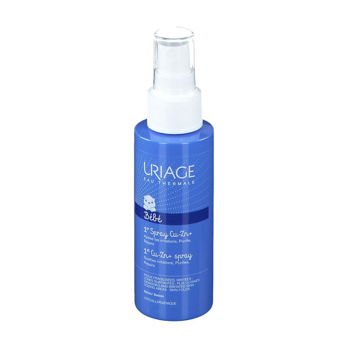 Flacon bleu avec vaporisateur blanc. Texte: Uriage Bébé 1er Spray Cu-Zn+.