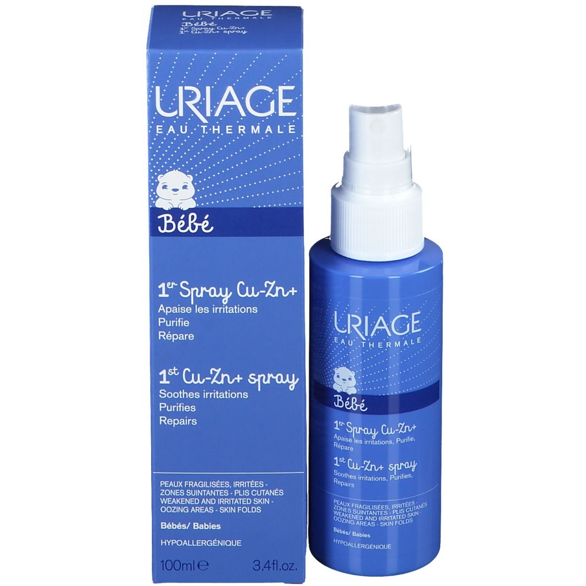 Flacon et boîte bleus. Texte: Uriage Bébé 1er Spray Cu-Zn+. 100ml.