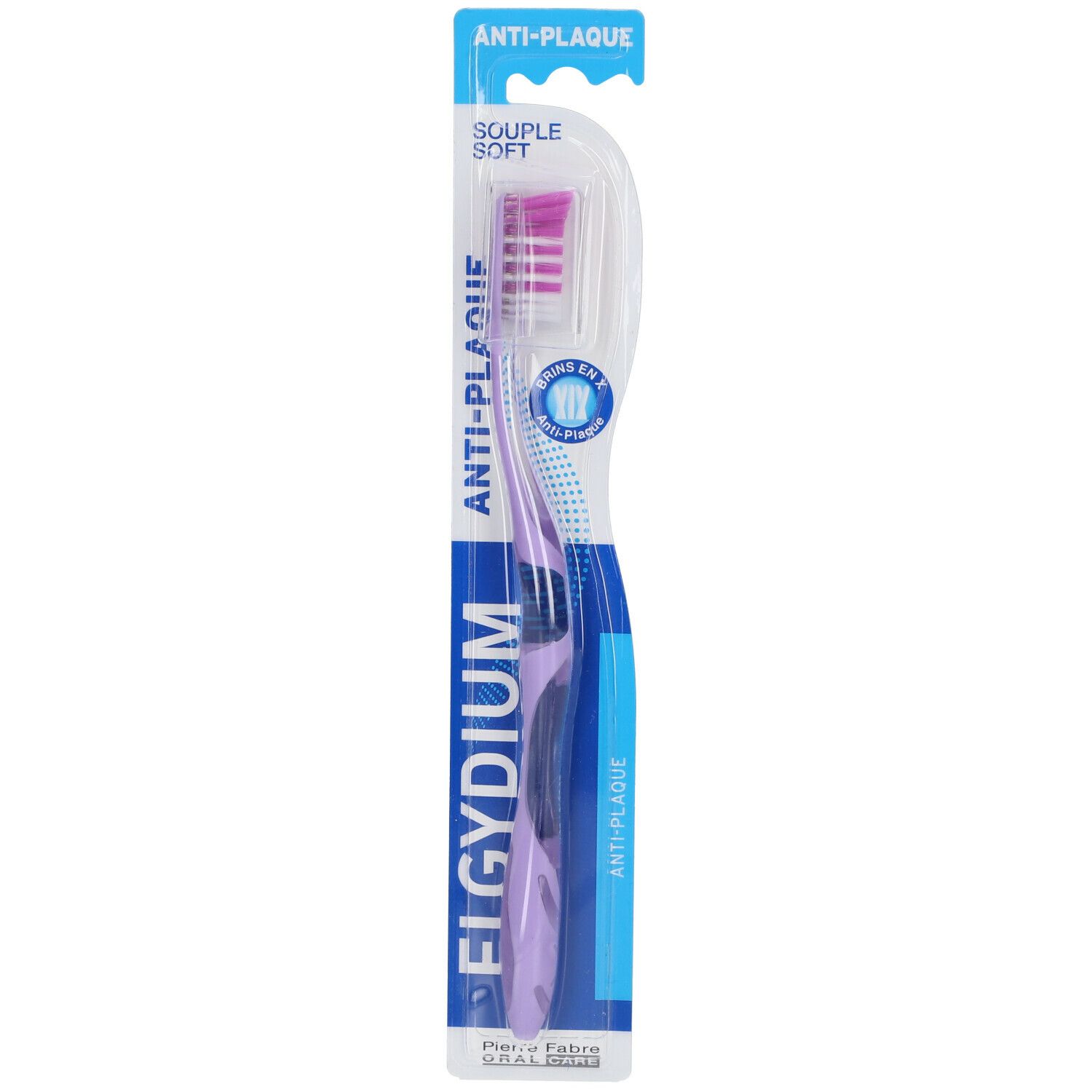 Elgydium Anti-Plaque zachte tandenborstel. Paarse borstelharen, blauw handvat. Verpakking met productnaam.