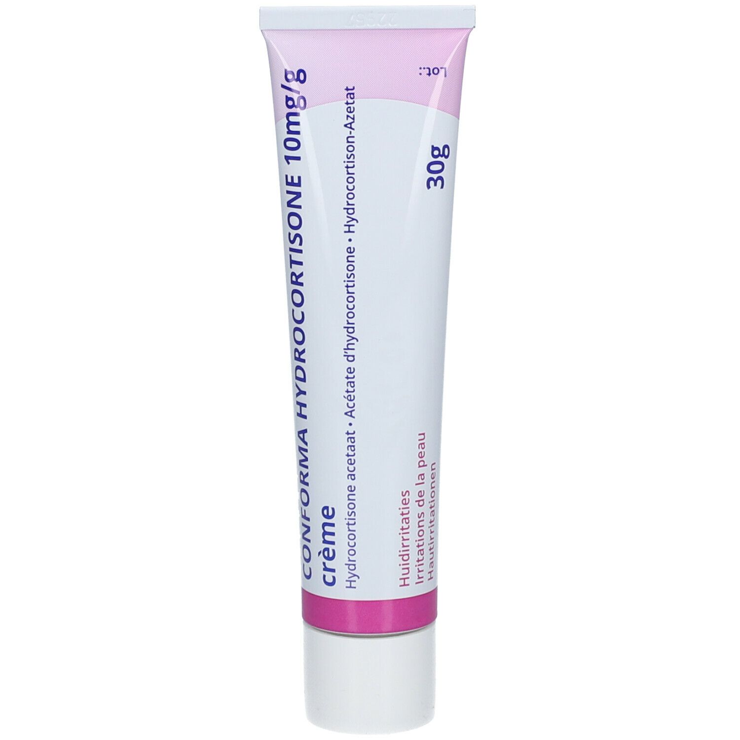Crèmetube CONFORMA HYDROCORTISONE 10mg/g. Roze-witte verpakking. Bevat 30g. Tekst in meerdere talen.