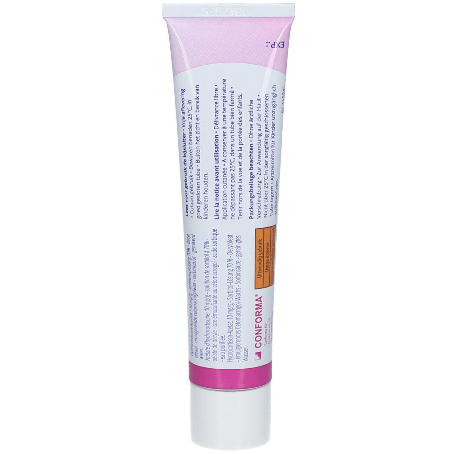 Achterkant van de CONFORMA HYDROCORTISONE crèmetube. Bevat informatie en waarschuwingen. Roze-witte kleurstelling.