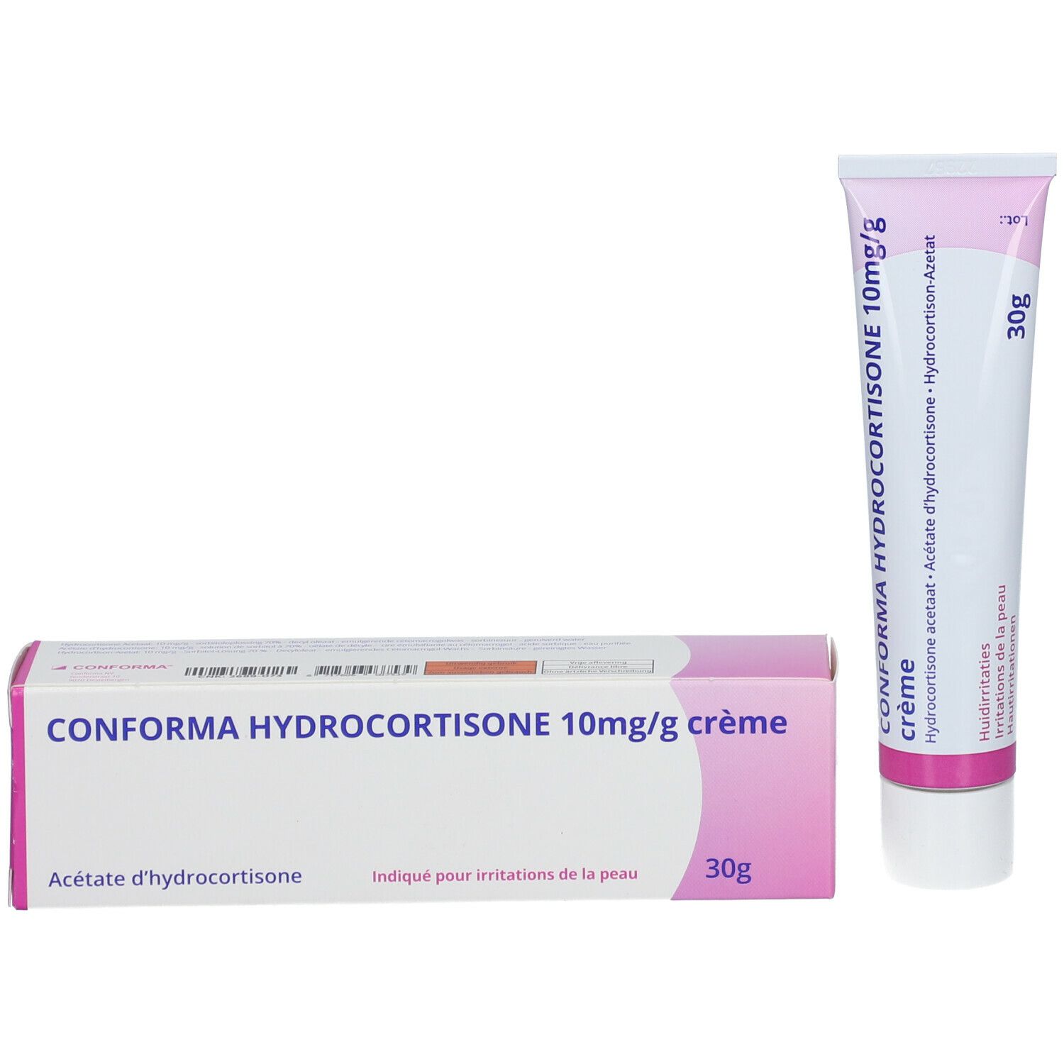 Verpakking en tube CONFORMA HYDROCORTISONE 10mg/g crème. Roze-witte verpakking. Bevat 30g. Meertalige tekst.