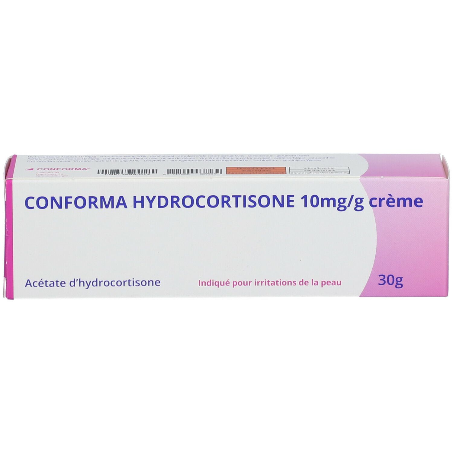 Verpakking CONFORMA HYDROCORTISONE 10mg/g crème. Roze-witte verpakking. Bevat 30g. Meertalige tekst.