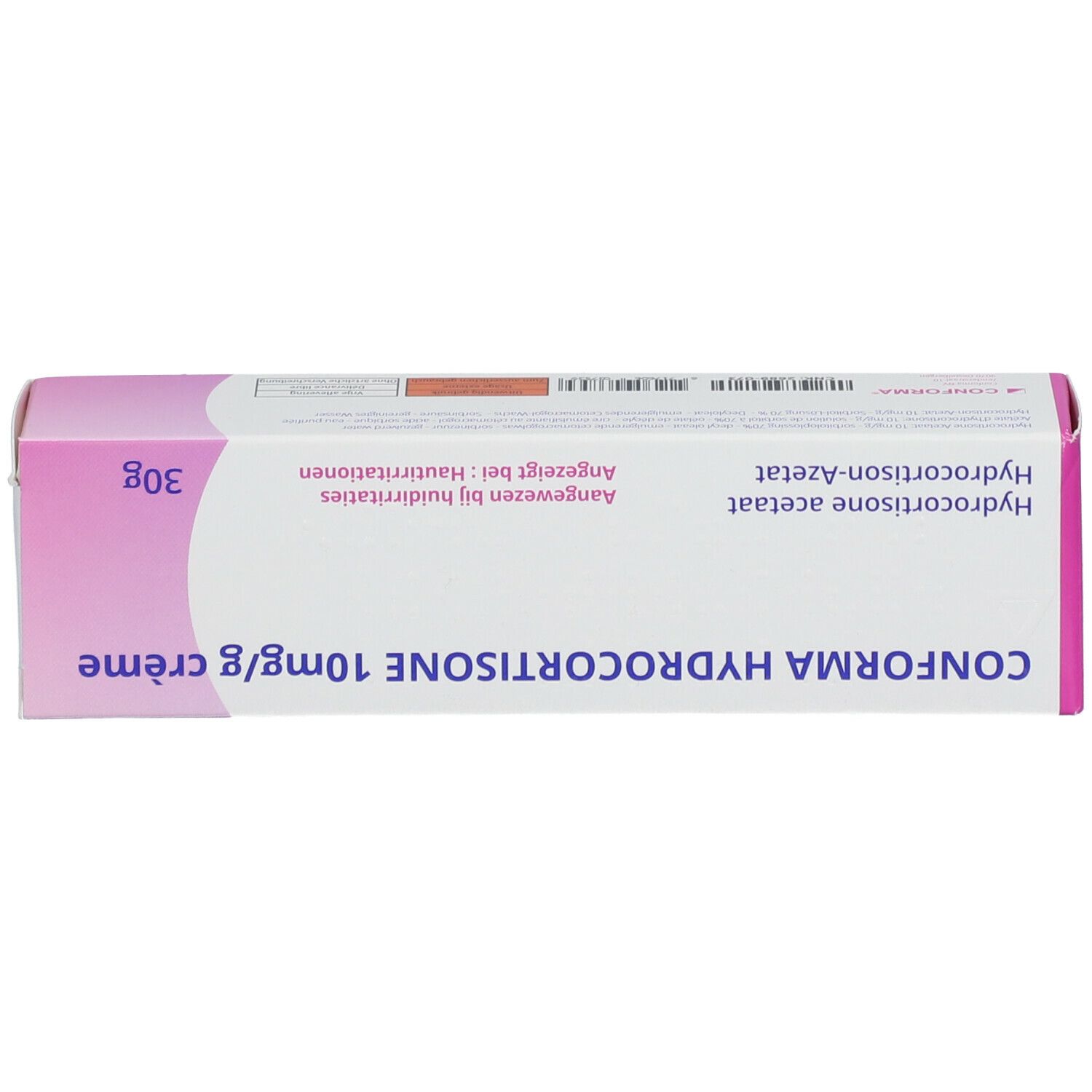 Verpakking CONFORMA HYDROCORTISONE 10mg/g crème. Roze-witte verpakking. Bevat 30g. Meertalige tekst.