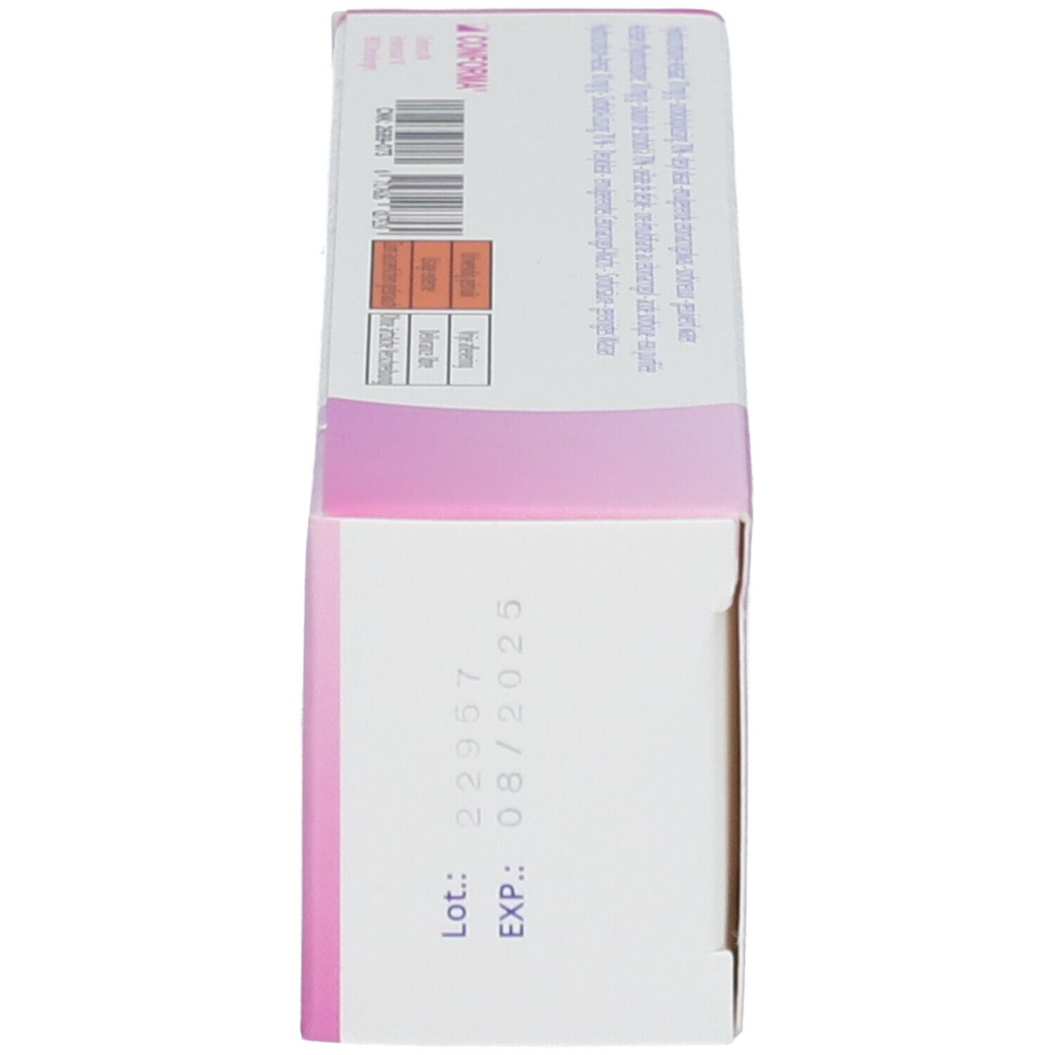 Zijaanzicht van de CONFORMA HYDROCORTISONE verpakking. Bevat lotnummer en vervaldatum. Roze-witte verpakking.