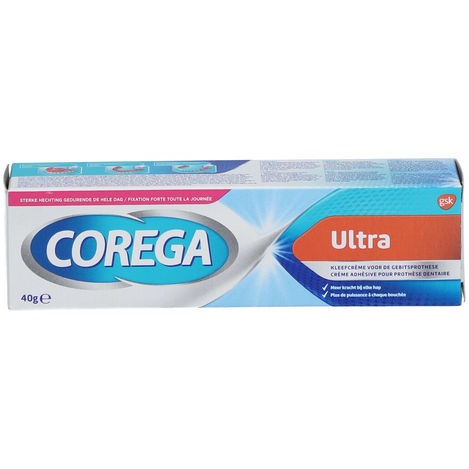 Schachtel mit blauem und weißem Design. Aufschrift "Corega" und "Ultra". Enthält Text.