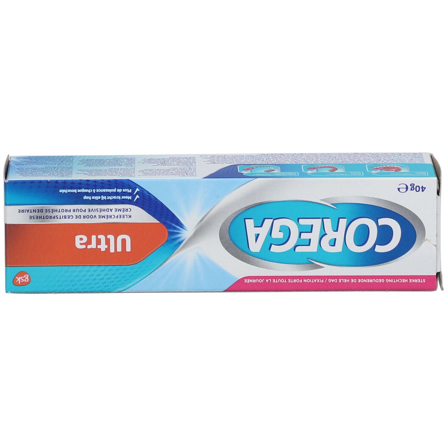 Schachtel mit blauem und weißem Design. Aufschrift "Corega" und "Ultra". Enthält Text.