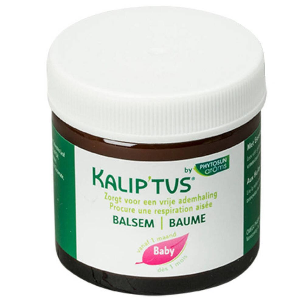 Pot marron avec couvercle blanc. Inscription: Kalip'tus, Baume, Baby. Étiquettes vertes et blanches.
