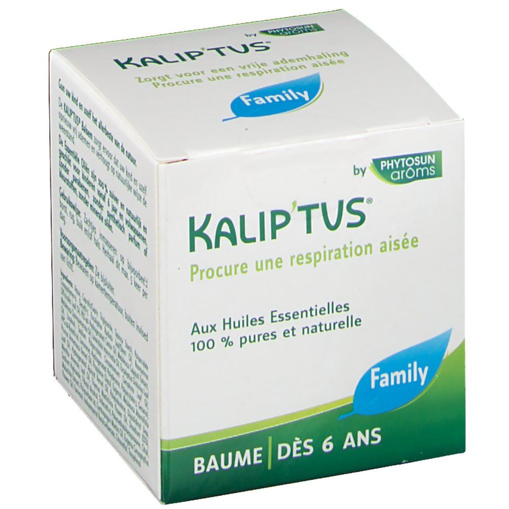 Witte doos met groene en blauwe tekst. Opschrift: Kalip'tus, Baume Dès 6 Ans. Bevat essentiële oliën.