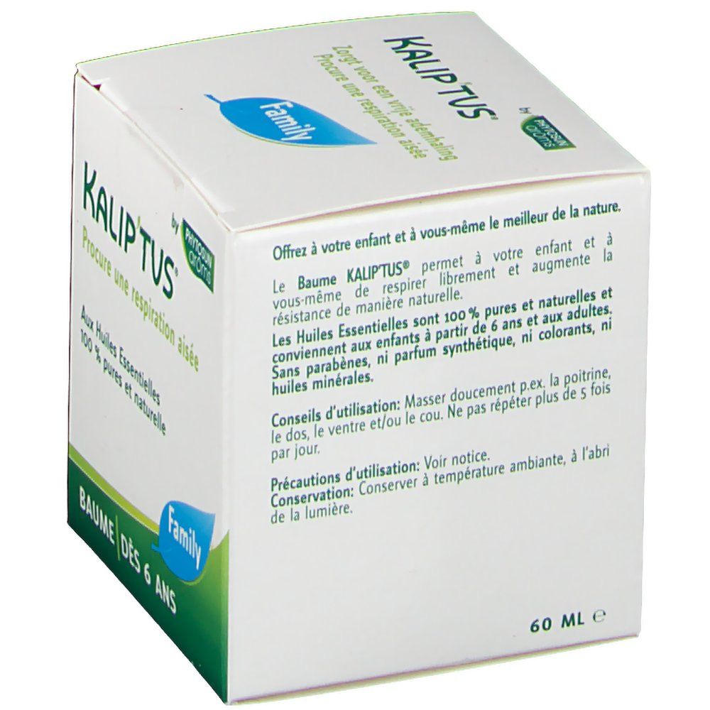 Witte doos met tekst. Opschrift: Kalip'tus, Baume Dès 6 Ans. Bevat 60 ml. Tekst in het Frans.