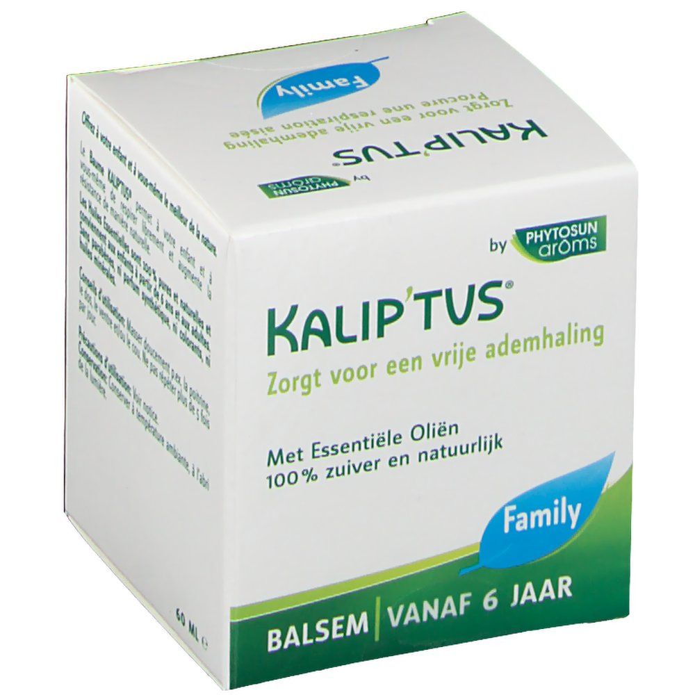 Witte doos met tekst. Opschrift: Kalip'tus, Balsem Vanaf 6 Jaar. Tekst in het Nederlands.