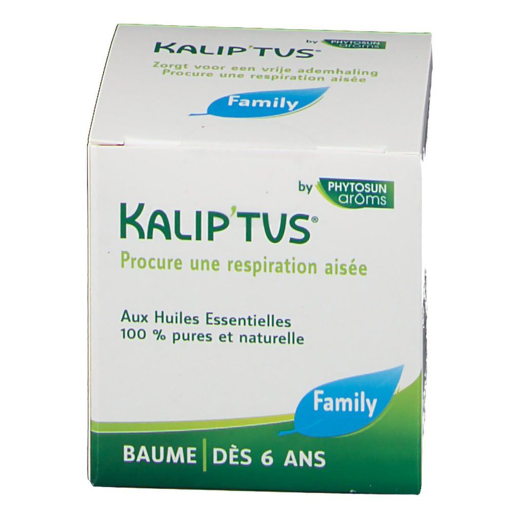 Witte doos met groene en blauwe tekst. Opschrift: Kalip'tus, Baume Dès 6 Ans. Bevat essentiële oliën.