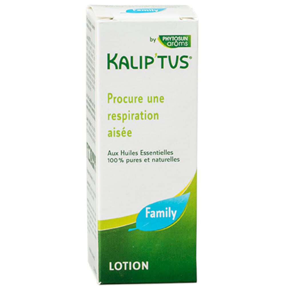 Boîte en carton Kalip'tus. Texte: Procure une respiration aisée. Logo et texte. Ingrédients: Huiles essentielles.