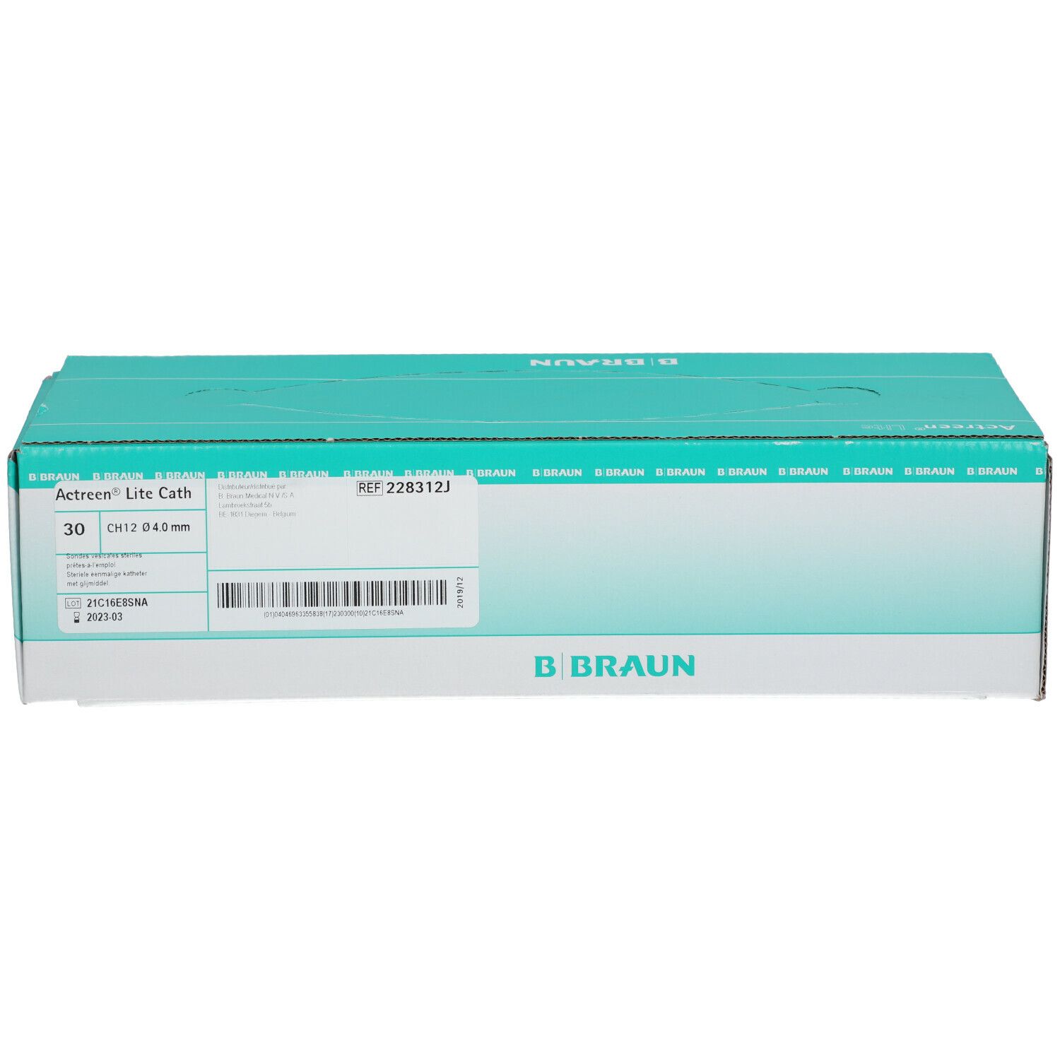 Doos Actreen Lite Cath. Groen-witte verpakking met productinformatie en B. Braun logo.