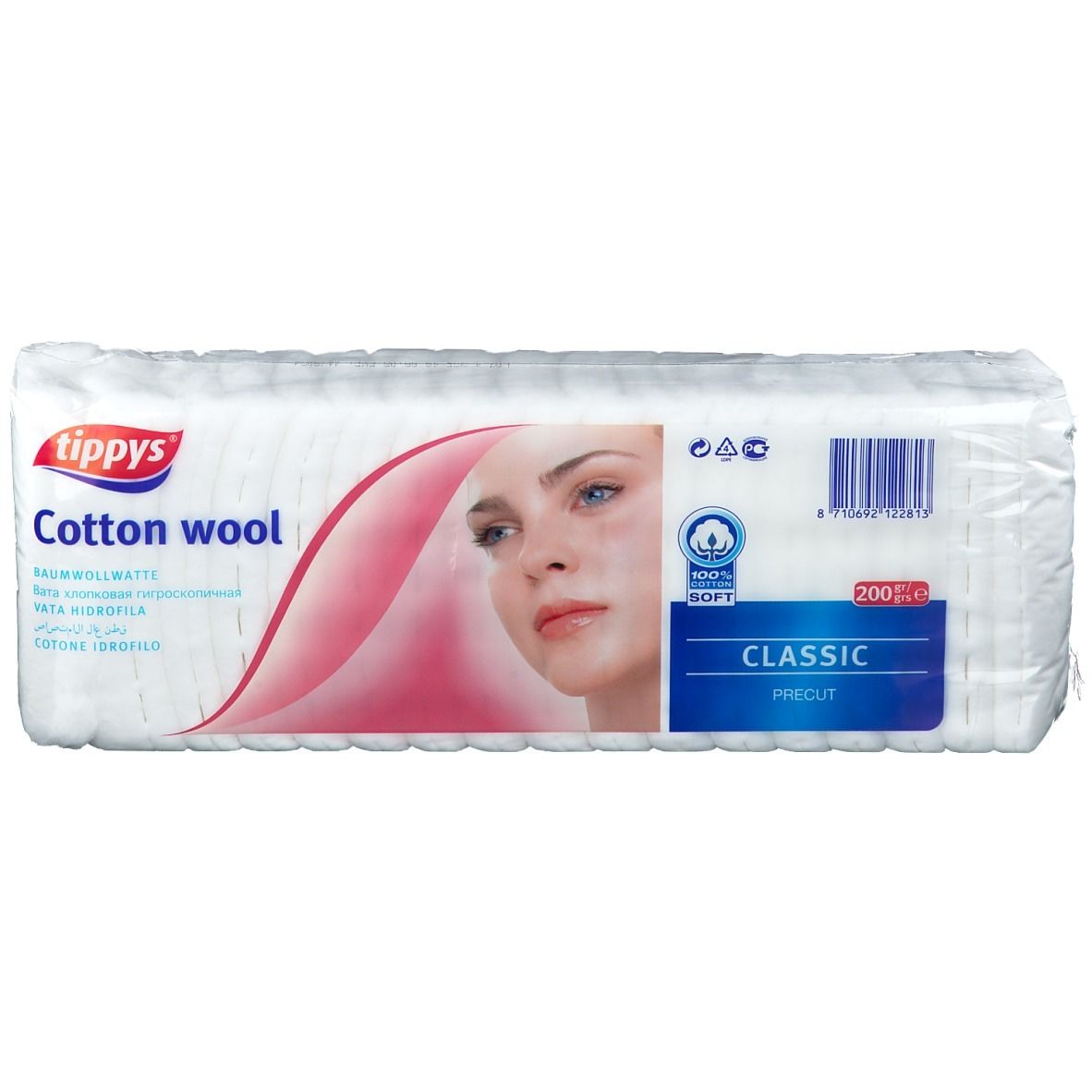 Verpackung mit vorgeschnittener Watte. Aufdruck: tippys, Cotton wool, Classic, 200 Stück. Abbildung eines Gesichts.