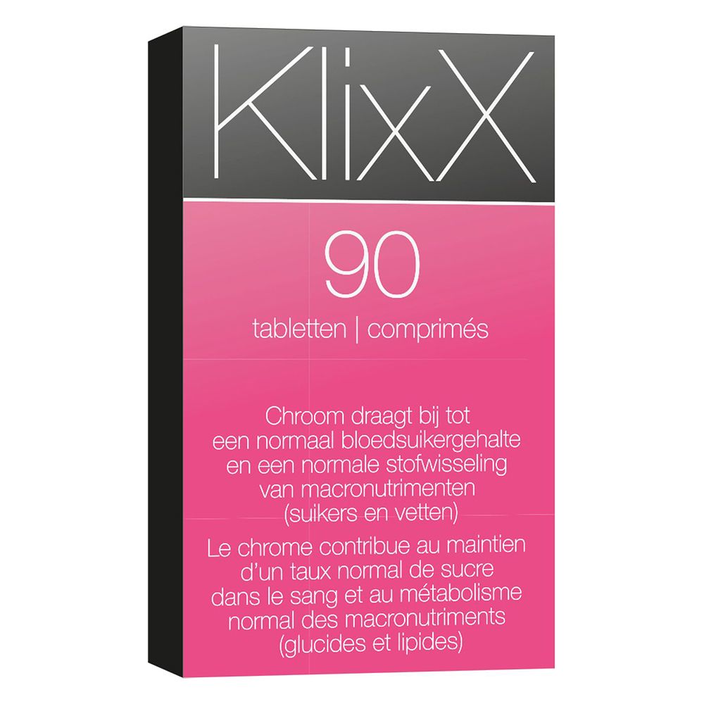 Emballage KlixX de 90 comprimés. Boîte noire avec surface rose. Texte en néerlandais et français.