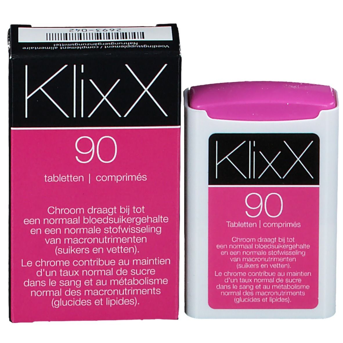 Emballage KlixX de 90 comprimés. Boîte noire avec surface rose. Texte en néerlandais et français.